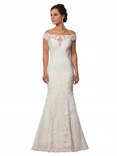 Off the Shoulder Chapel Train Lace Ivory Cap Sleeves Boho Wedding Dress Darwin