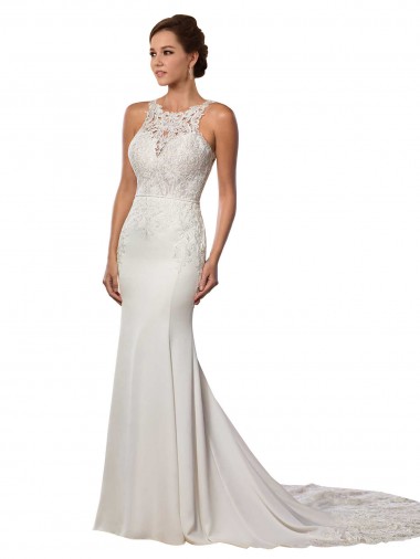 High Neck Chapel Train Lace Ivory Sheath Sleeveless Modern Wedding Dress Darwin