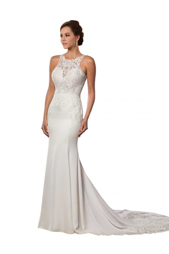 High Neck Chapel Train Lace Ivory Sheath Sleeveless Modern Wedding Dress Darwin