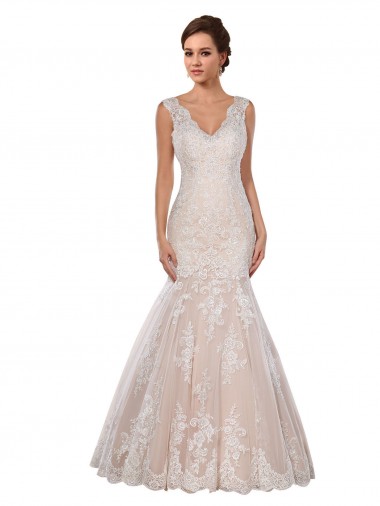 V-Neck Chapel Train Lace Ivory & Champagne Sleeveless Modern Wedding Dress Darwin