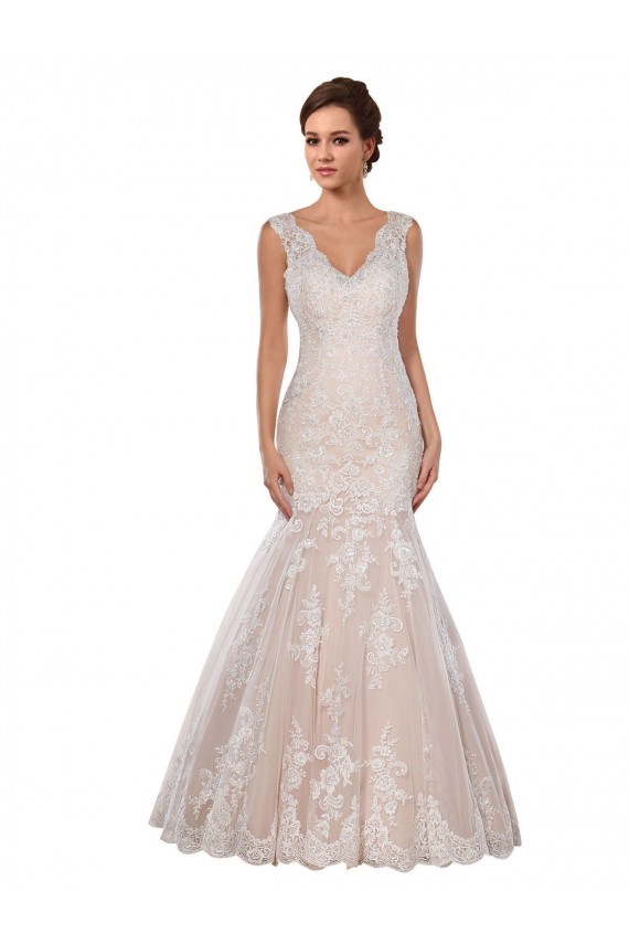 V-Neck Chapel Train Lace Ivory & Champagne Sleeveless Modern Wedding Dress Darwin