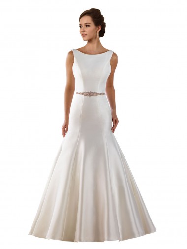 Bateau Neck Chapel Train Satin Ivory Sleeveless Modern Wedding Dress Darwin