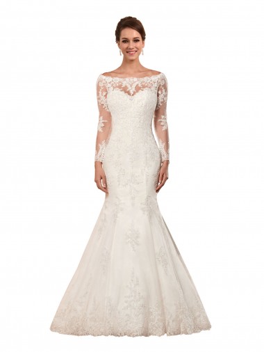 Bateau Neck Chapel Train Lace Ivory Long Sleeves Sexy Wedding Dress Darwin