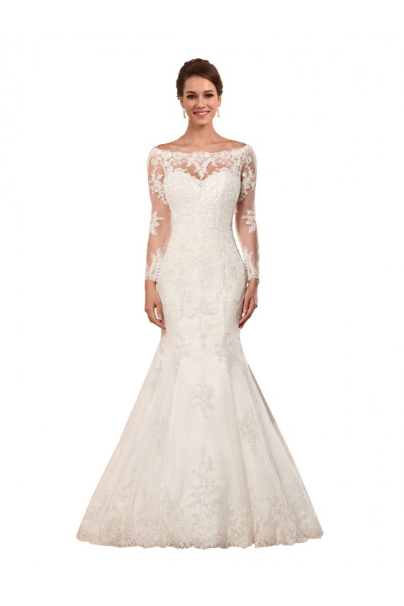 Bateau Neck Chapel Train Lace Ivory Long Sleeves Sexy Wedding Dress Darwin