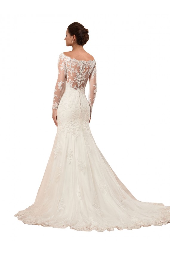 Bateau Neck Chapel Train Lace Ivory Long Sleeves Sexy Wedding Dress Darwin