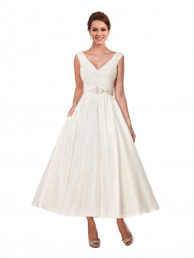 V-Neck Ankle Length Satin Ivory Sleeveless Wedding Dress Darwin