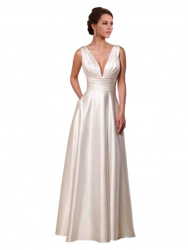V-Neck Chapel Train Satin Ivory Sleeveless Wedding Gowns Darwin