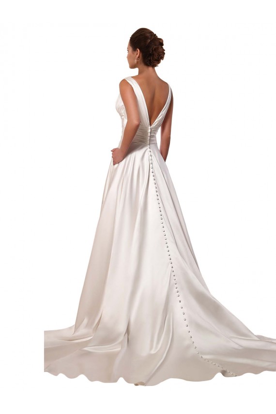 V-Neck Chapel Train Satin Ivory Sleeveless Wedding Gowns Darwin