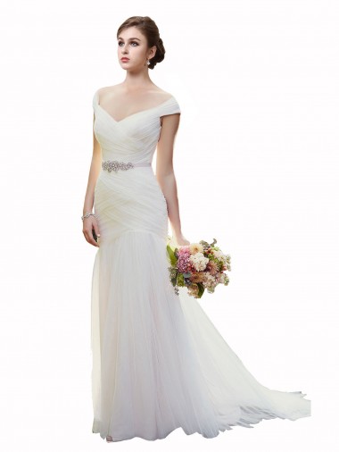 Off the Shoulder Chapel Train Tulle Ivory Sleeveless Beach Wedding Dress Darwin