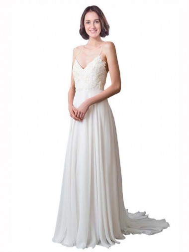 V-Neck Chapel Train Soft Chiffon & Lace Ivory Sleeveless Beach Wedding Dress Darwin