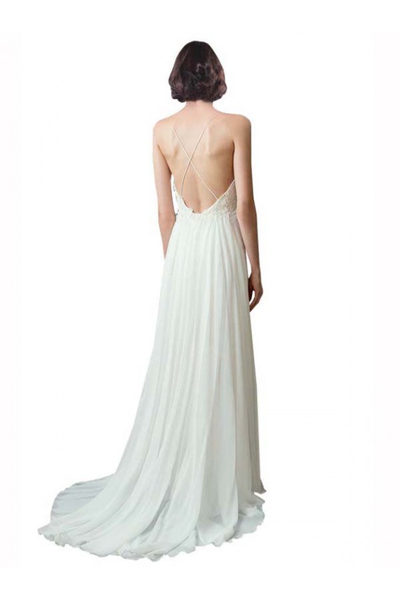 V-Neck Chapel Train Soft Chiffon & Lace Ivory Sleeveless Beach Wedding Dress Darwin