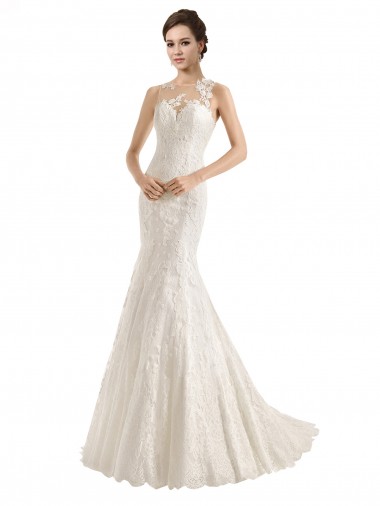 Illusion Neck Chapel Train Lace Ivory Sleeveless Wedding Dress Darwin