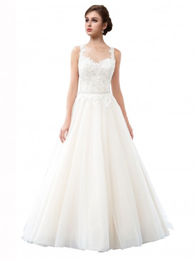 Illusion Neck Cathedral Train Tulle & Lace Ivory Sleeveless Beach Wedding Dress Darwin