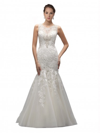 Illusion Neck Sweep Train Tulle & Lace Ivory Sleeveless Wedding Dress Darwin
