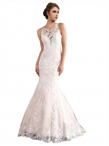 Illusion Neck Cathedral Train Tulle & Lace Ivory & Champagne Sleeveless Wedding Dress Darwin