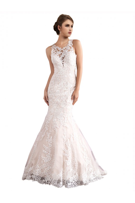 Illusion Neck Cathedral Train Tulle & Lace Ivory & Champagne Sleeveless Wedding Dress Darwin