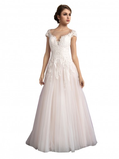 Illusion Neck Cathedral Train Tulle & Lace Ivory & Champagne Cap Sleeves Beach Wedding Dress Darwin