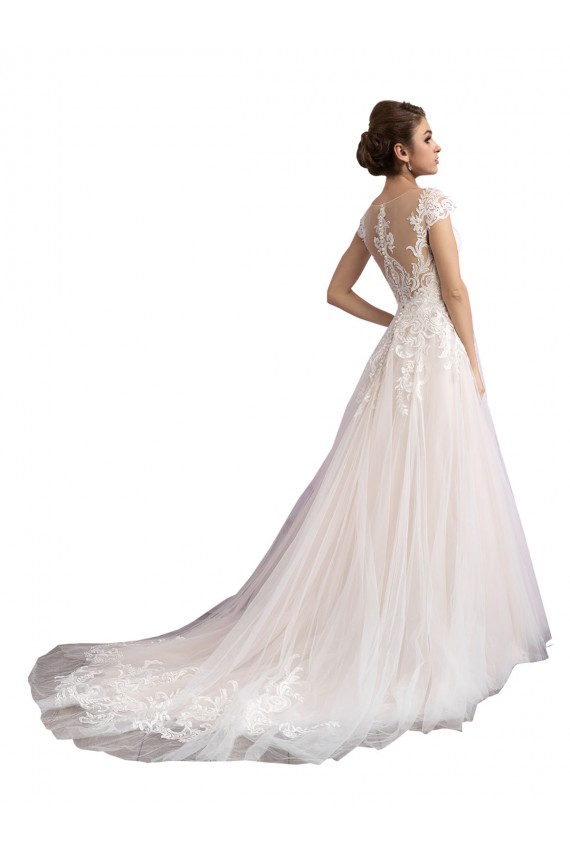 Illusion Neck Cathedral Train Tulle & Lace Ivory & Champagne Cap Sleeves Beach Wedding Dress Darwin