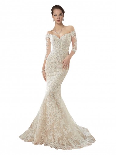 Off the Shoulder Chapel Train Tulle & Lace Ivory & Champagne Long Sleeves Wedding Dress Darwin