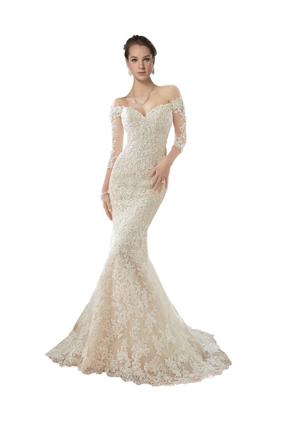 Off the Shoulder Chapel Train Tulle & Lace Ivory & Champagne Long Sleeves Wedding Dress Darwin
