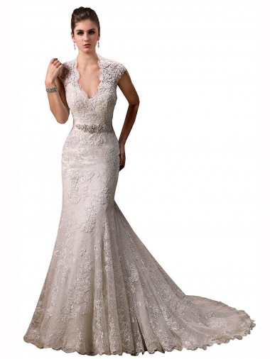 V-Neck Chapel Train Lace Ivory Cap Sleeves Wedding Dresses Darwin