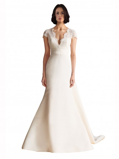 V-Neck Chapel Train Satin Ivory Cap Sleeves Wedding Dress Darwin