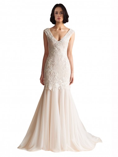 V-Neck Sweep Train Tulle Ivory & Champagne Sleeveless Wedding Dress Darwin