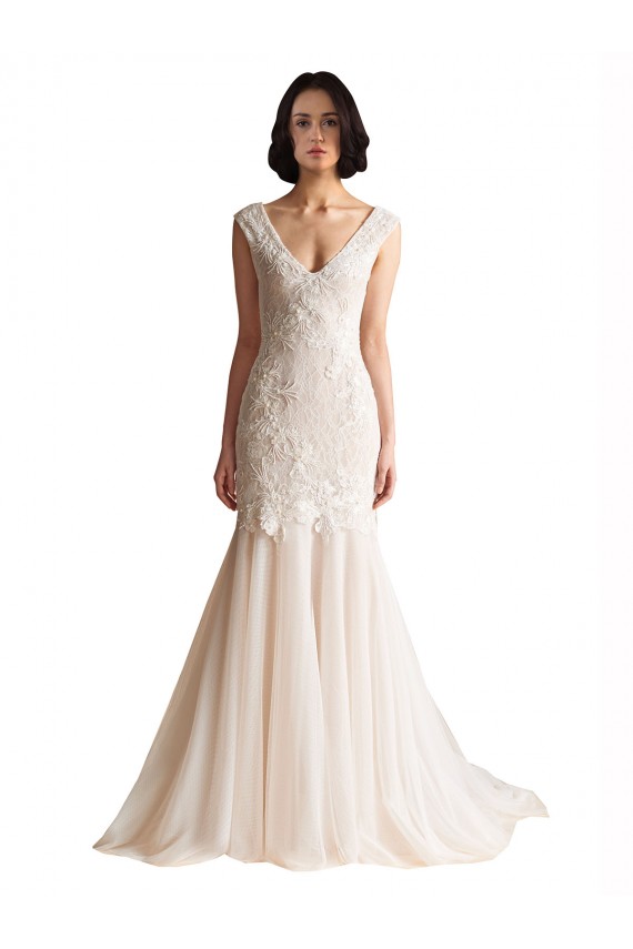 V-Neck Sweep Train Tulle Ivory & Champagne Sleeveless Wedding Dress Darwin