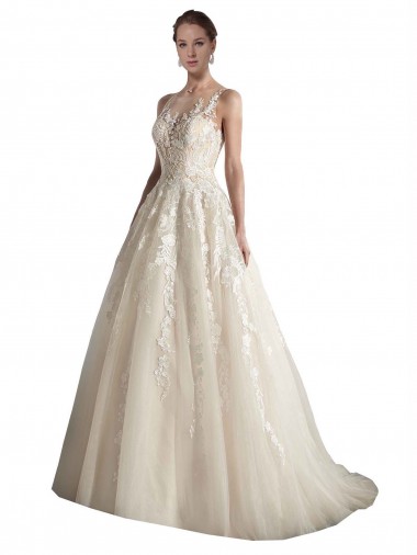 Illusion Neck Chapel Train Tulle Ivory & Champagne Sleeveless Wedding Dress Darwin