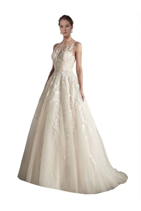 Illusion Neck Chapel Train Tulle Ivory & Champagne Sleeveless Wedding Dress Darwin