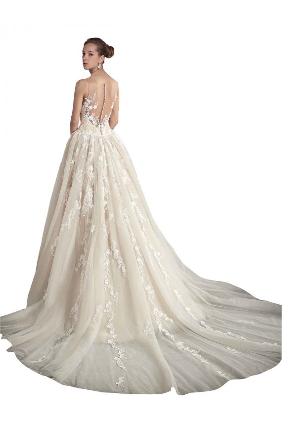 Illusion Neck Chapel Train Tulle Ivory & Champagne Sleeveless Wedding Dress Darwin