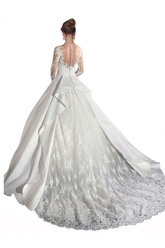 Illusion Neck Cathedral Train Satin & Lace White Long Sleeves Wedding Dress Darwin