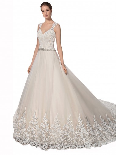 Sweetheart Chapel Train Tulle & Lace Ivory & Champagne A-Line Sleeveless Wedding Dress Darwin