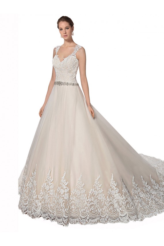 Sweetheart Chapel Train Tulle & Lace Ivory & Champagne A-Line Sleeveless Wedding Dress Darwin