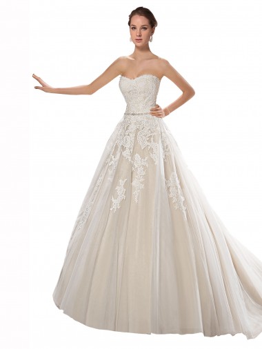 Strapless Chapel Train Tulle & Lace Ivory & Champagne Sleeveless Wedding Dress Darwin