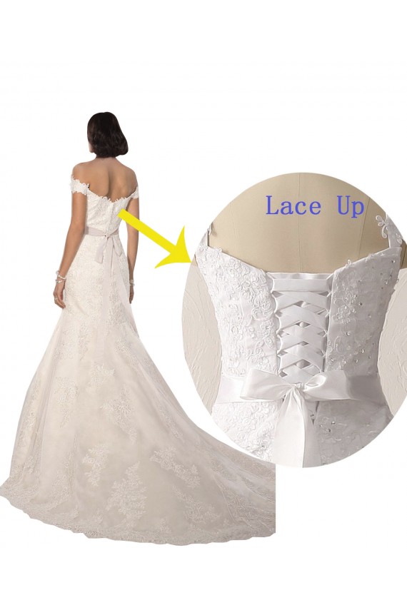 Off the Shoulder Chapel Train Lace White Sleeveless Beach Wedding Dress Darwin