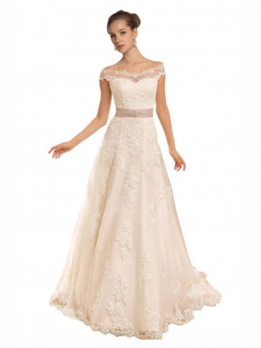 Off the Shoulder Chapel Train Lace Ivory A-Line Sleeveless Beach Wedding Dress Darwin