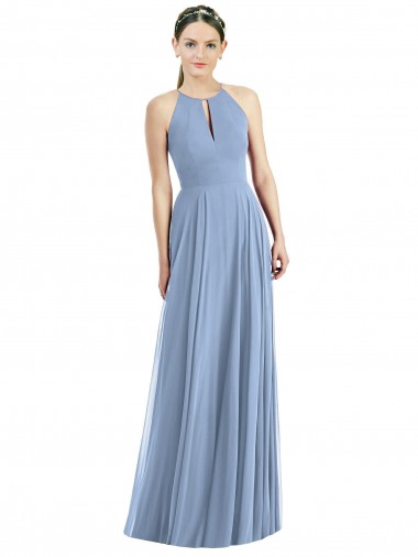 Halter Neck Long Soft Chiffon Dusty Blue Sleeveless Semi Formal Evening Dress / Bridesmaid Dress Darwin