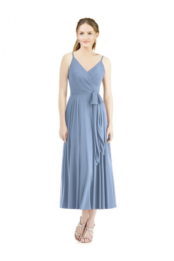 Spaghetti Straps Tea Length Soft Chiffon Dusty Blue Sleeveless Bridesmaid Dress Darwin