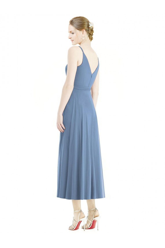 Spaghetti Straps Tea Length Soft Chiffon Dusty Blue Sleeveless Bridesmaid Dress Darwin