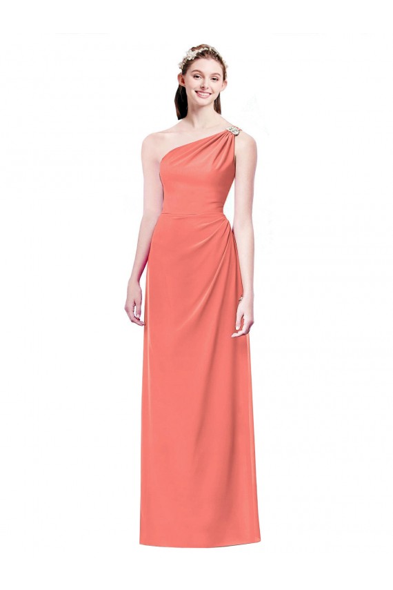 One Shoulder Long Soft Chiffon Coral Sleeveless Bridesmaid Dress Darwin