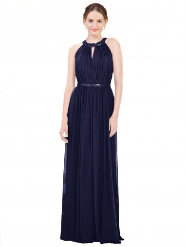 High Neck Long Soft Chiffon Dark Navy Sleeveless Bridesmaid Dress / Formal Dress Darwin