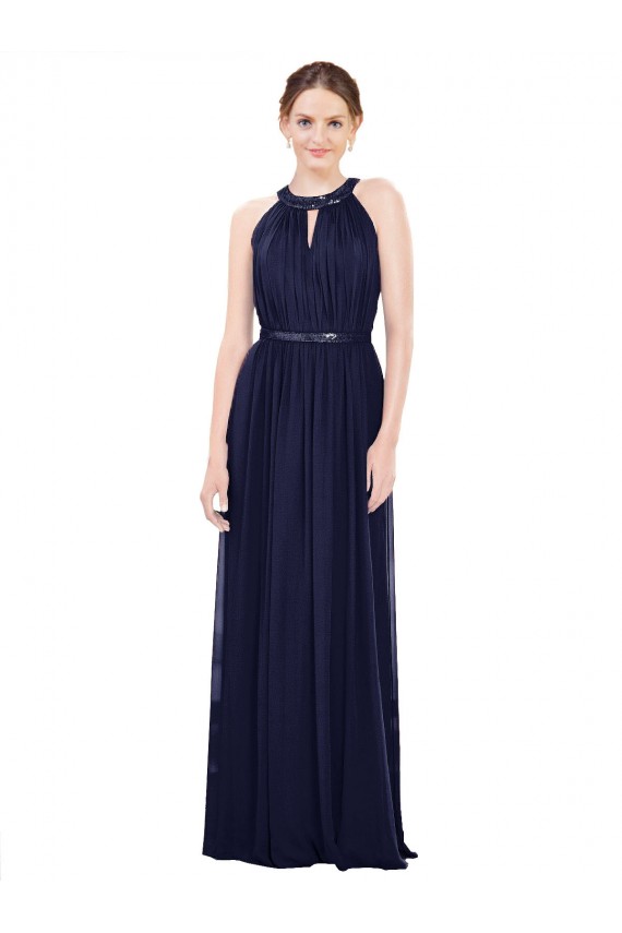 High Neck Long Soft Chiffon Dark Navy Sleeveless Bridesmaid Dress / Formal Dress Darwin