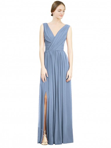 V-Neck Long Soft Chiffon Dusty Blue Sleeveless Semi Formal Evening Dress / Bridesmaid Dress Darwin