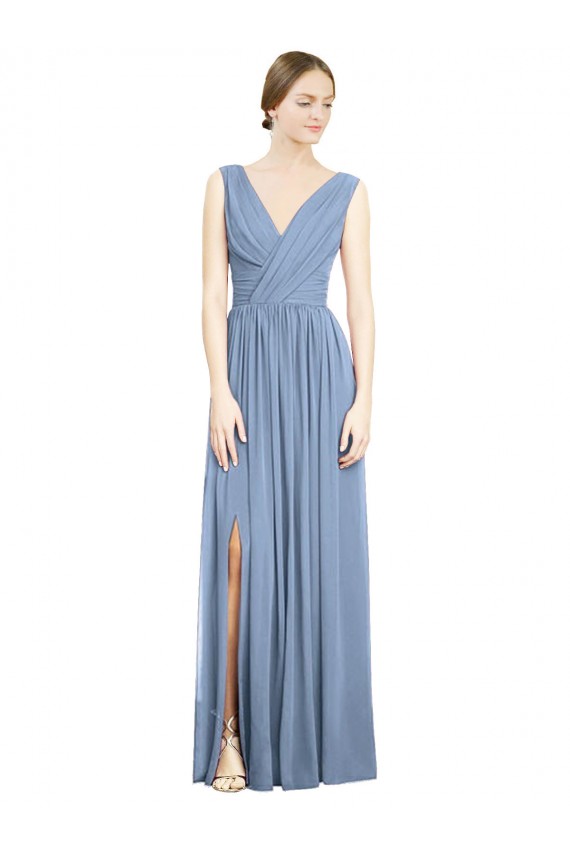 V-Neck Long Soft Chiffon Dusty Blue Sleeveless Semi Formal Evening Dress / Bridesmaid Dress Darwin