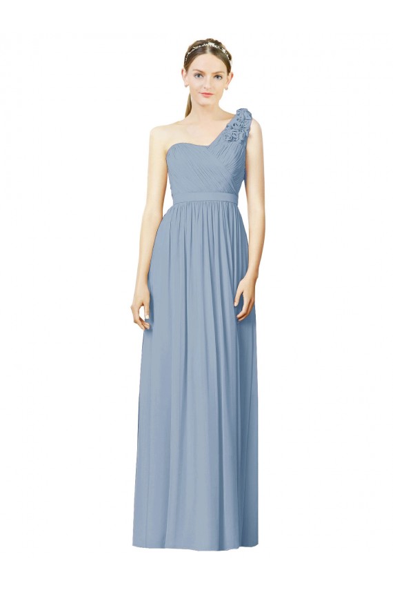 One Shoulder Long Soft Chiffon Dusty Blue Sleeveless Bridesmaid Dress Darwin