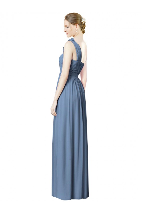 One Shoulder Long Soft Chiffon Dusty Blue Sleeveless Bridesmaid Dress Darwin
