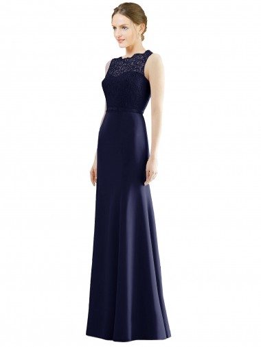 Illusion Neck Long Soft Chiffon & Lace Dark Navy Sleeveless Bridesmaid Dress Darwin