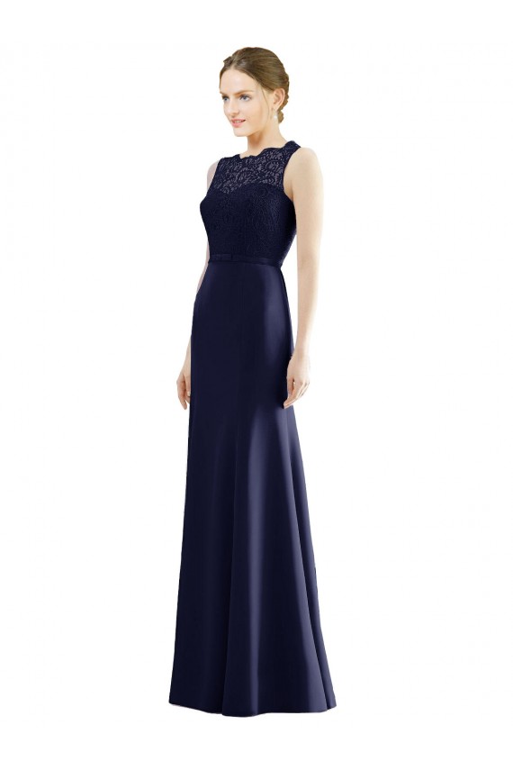 Illusion Neck Long Soft Chiffon & Lace Dark Navy Sleeveless Bridesmaid Dress Darwin