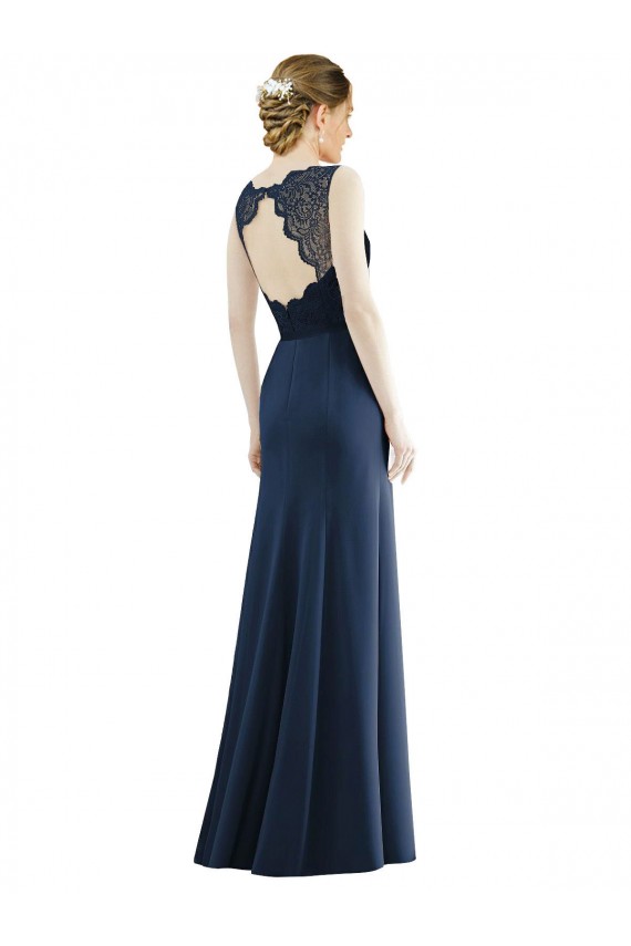 Illusion Neck Long Soft Chiffon & Lace Dark Navy Sleeveless Bridesmaid Dress Darwin